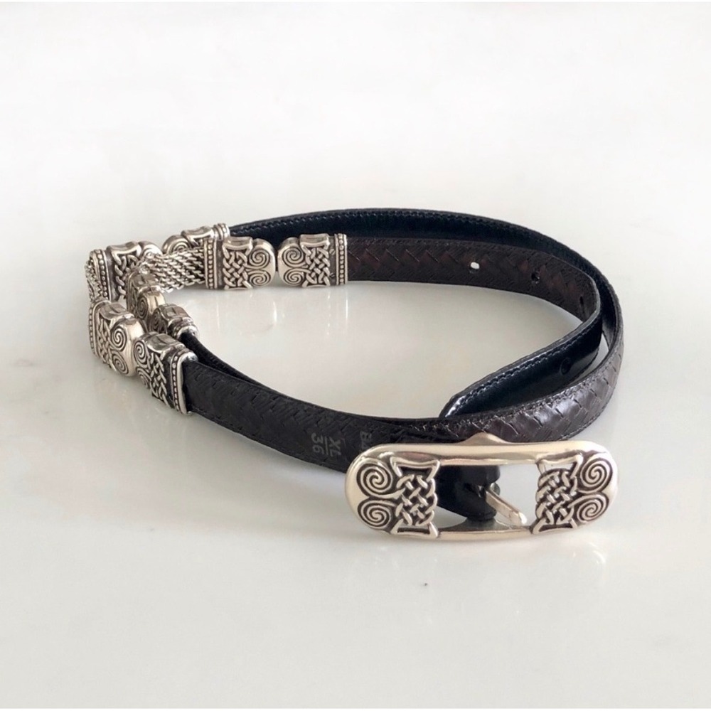VTG Brighton Women Black Embossed Reversible Leather Celtic Knot Belt‎ Silver 32